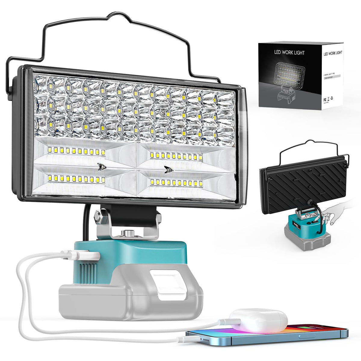 A portable LED work light with a built-in power bank base, shown on a white background with its product box, a folded view, and a phone charging demonstration.