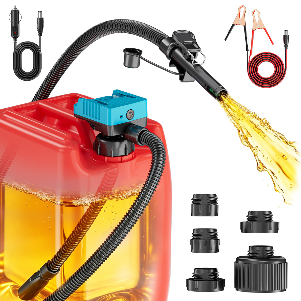 Portable fuel transfer pump kit shown with a red fuel can, black hoses, a blue pump housing, and multiple connector nozzles. A car cigarette lighter power cord is included on the left, and red-and-black clamps are shown on the upper right.