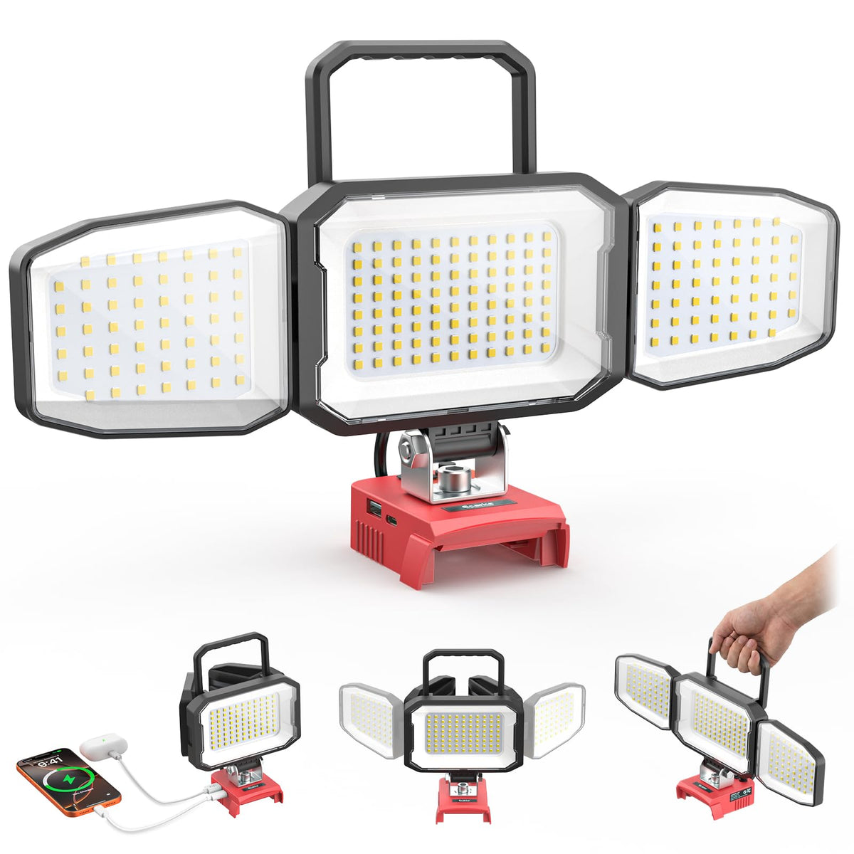 A portable three-light work lamp with a red base, black and gray housing, and white diffusers, shown on a white background. The main view shows the lamp folded open with a top handle, and smaller views below show it folded down, being held by a hand, and charging via a cable.