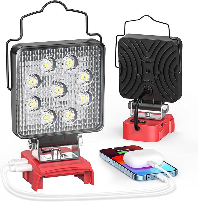 A portable LED light tool shown in two configurations on a white background: one as a square light panel with a red base and one folded flat with a black panel and red base. A smartphone and white earbud case are shown connected to the product to demonstrate charging.