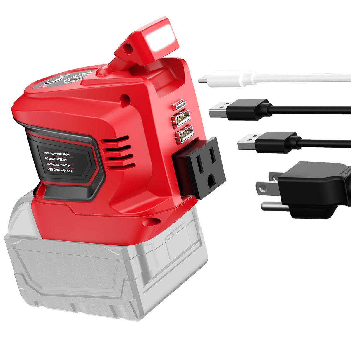 A red and black Milwaukee power inverter with a battery attached and two USB ports, designed for converting the battery into a portable charger.
