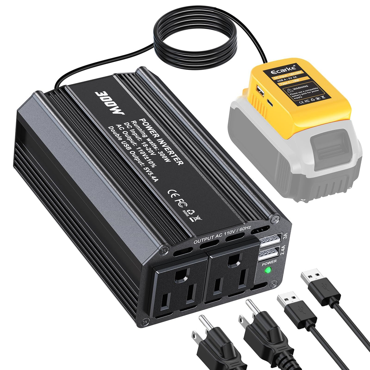 Power inverter with connectors on a white background