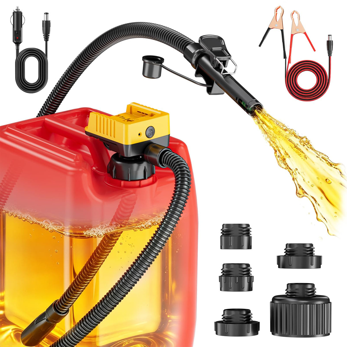 Red and yellow pump transfer pump with hose and nozzles on a white background