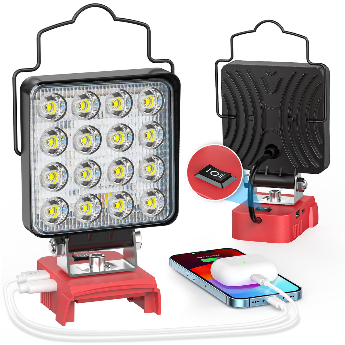 rechargeable work light with charging cable and smartphone, on a white background