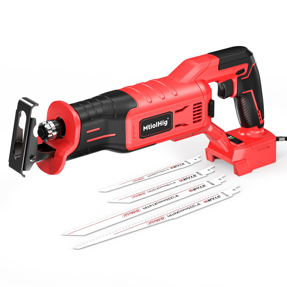 A red and black MitolHig reciprocating saws with three silver reciprocating blades shown in front, on a clean white background.