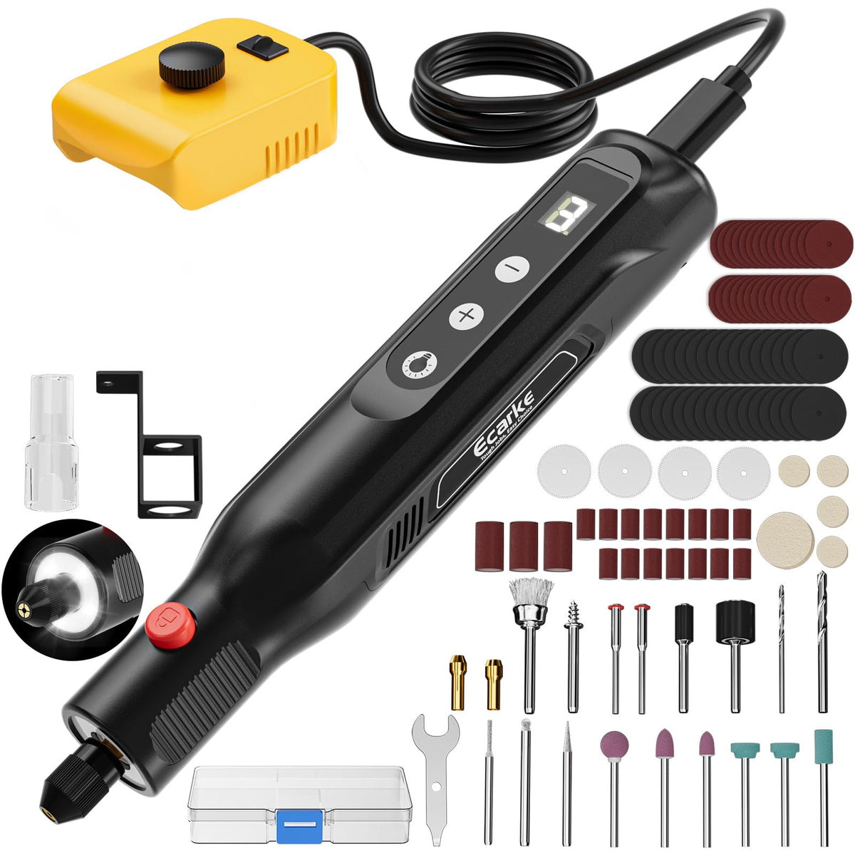Dewalt rotary tool with accessories on a white background