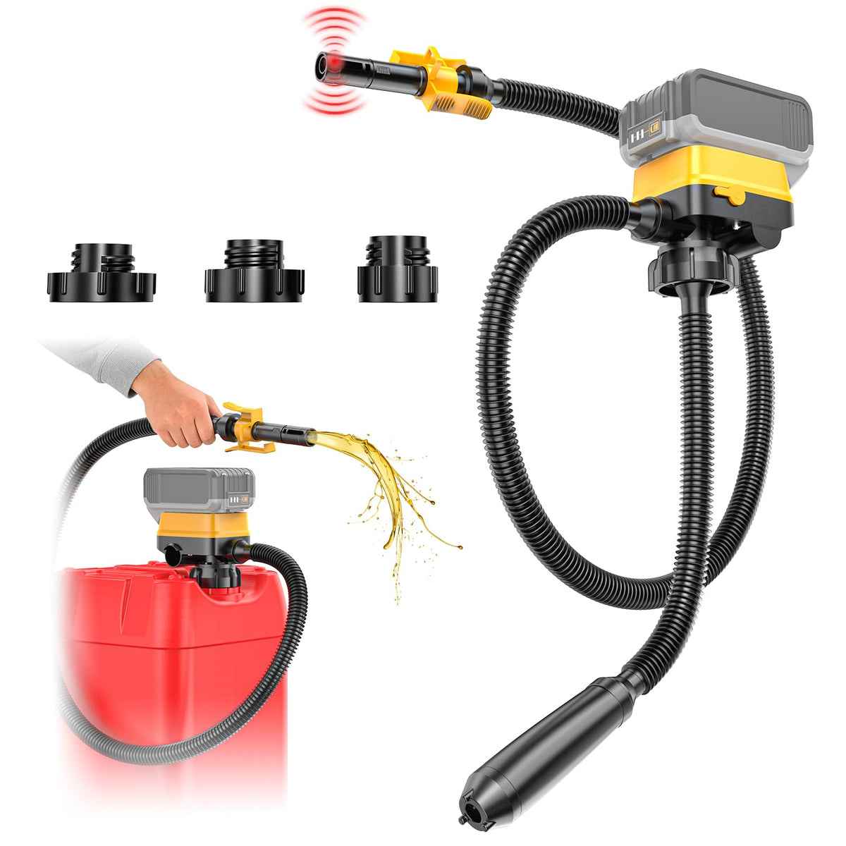 Red and yellow transfer pump pumps with flexible hose and nozzles on a white background