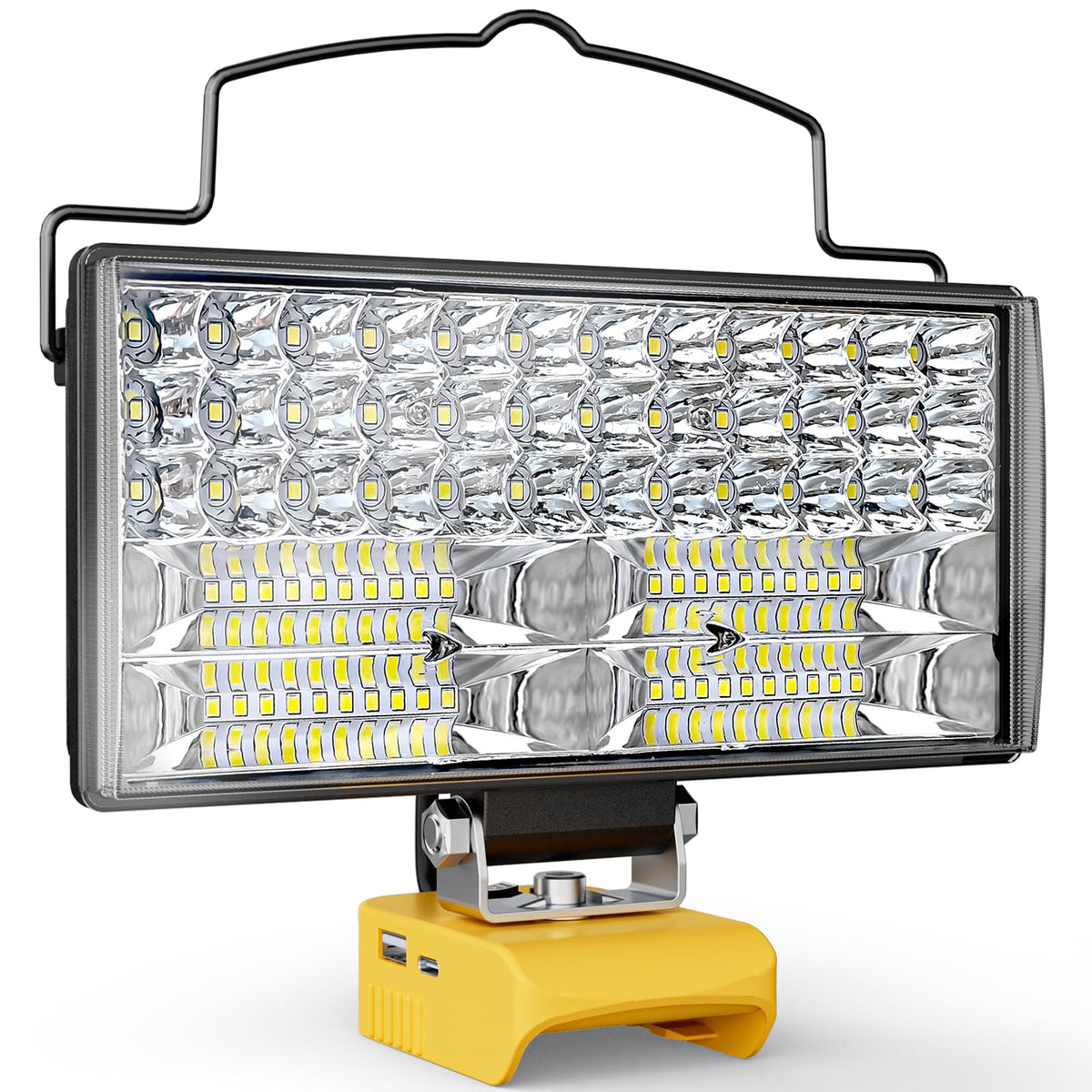 LED work light with a yellow base on a white background