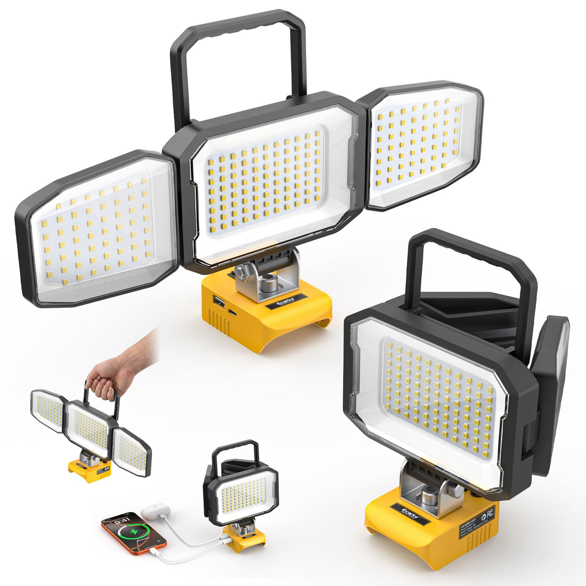 Three portable LED work lights with adjustable heads and yellow bases are shown on a white background, including one with a hand holding the handle and a small phone charging cable attached.