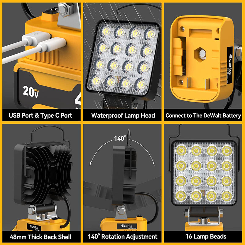 Cordless LED Work Light for Dewalt 18v 20v Battery, 48W 4800Lumens  Underhood Work Light with USB & Type-C Charging Port for Dewalt 20v Tools,  Workshop, Garage, Jobsite，Car Repairing 